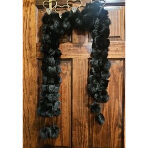 Genuine Rabbit Fur Pom Pom Black Scarf Wrap 68" Long 4" Wide Poms